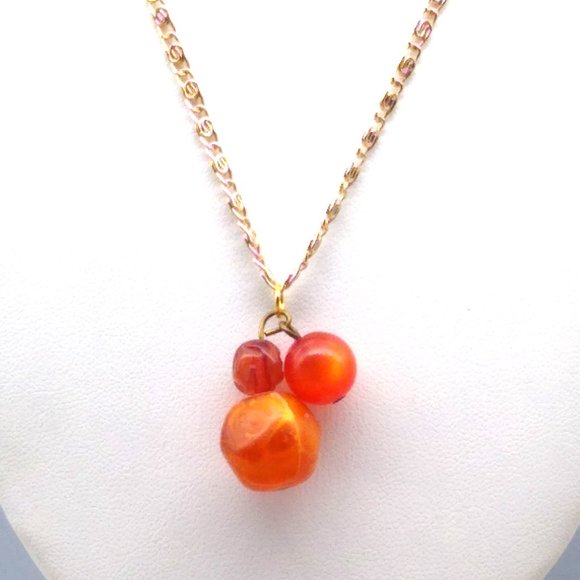 Just Peachy Triple Beads Pendant Necklace on Gold Tone Eloxal Scroll Chain - Picture 2 of 4